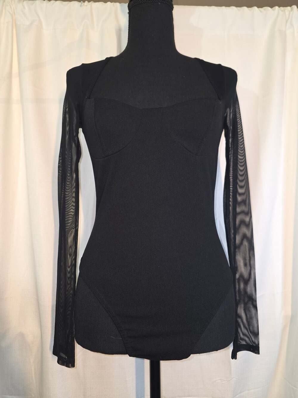 Missguided Corset Bodysuit Size US 4 Black Mesh Long Sleeve